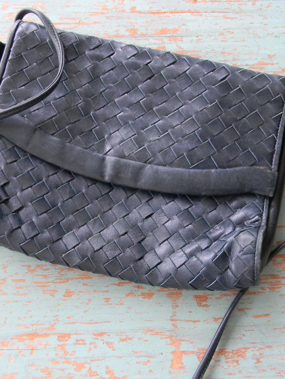 Vintage Neiman Marcus Woven Navy Blue LEATHER CANADA Crossbody Bag Clutch Purse